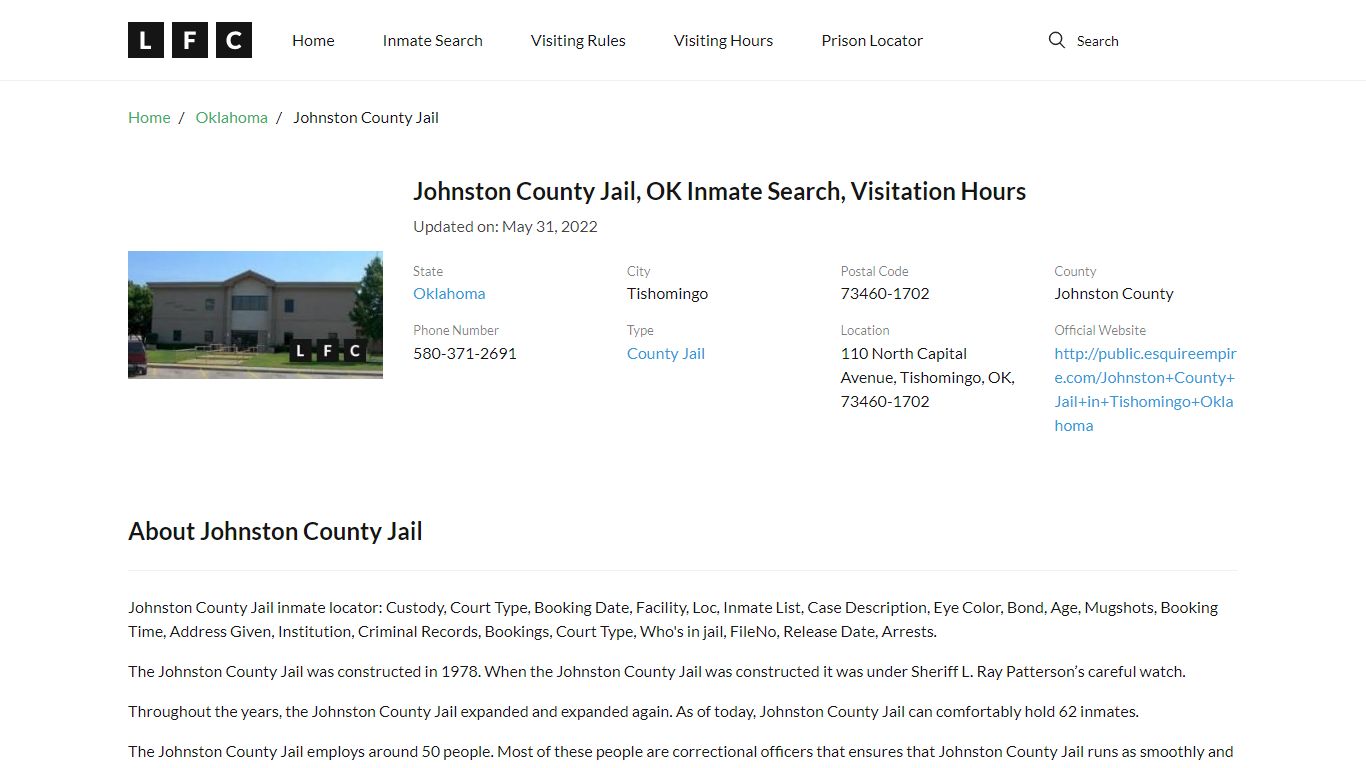 Johnston County Jail, OK Inmate Search, Visitation Hours